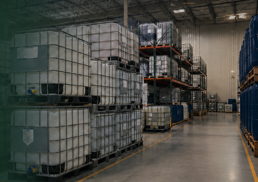 IBC totes in a chemical distribution warehouse